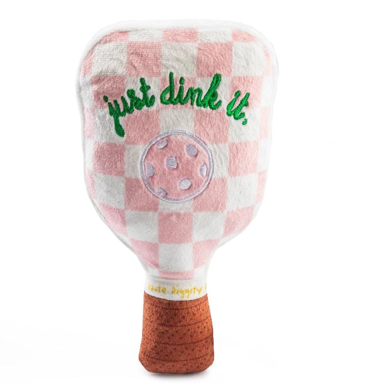 Plush dog toy pickleball paddle: pink checker plush, green print, ball graphic, brown handle