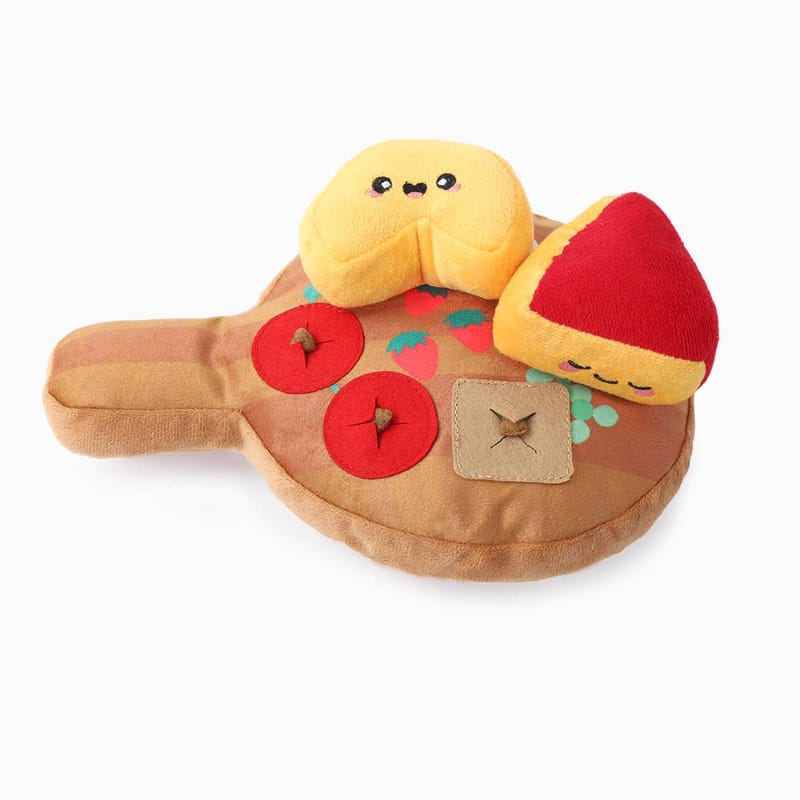 Plush cheese board dog toy with yellow dog head and red food pieces