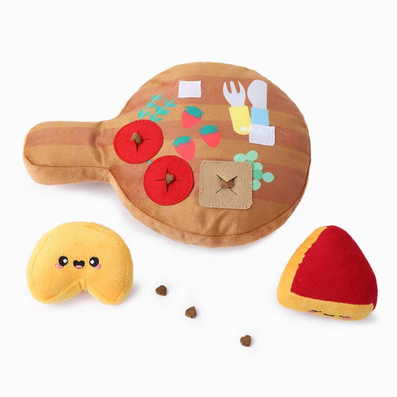 Plush cheese board interactive toy with attached red slices and yellow dog piece