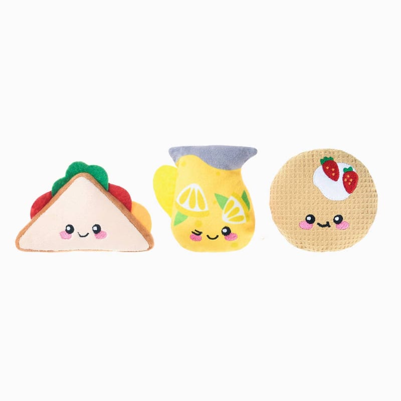 3-piece plush dog toy set: taco, yellow squeaker, beige face ball