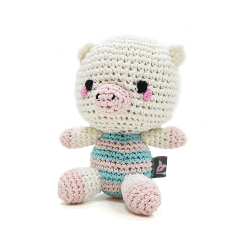Crochet pig doll toy with cream body, pink snout, and blue-pink striped outfit