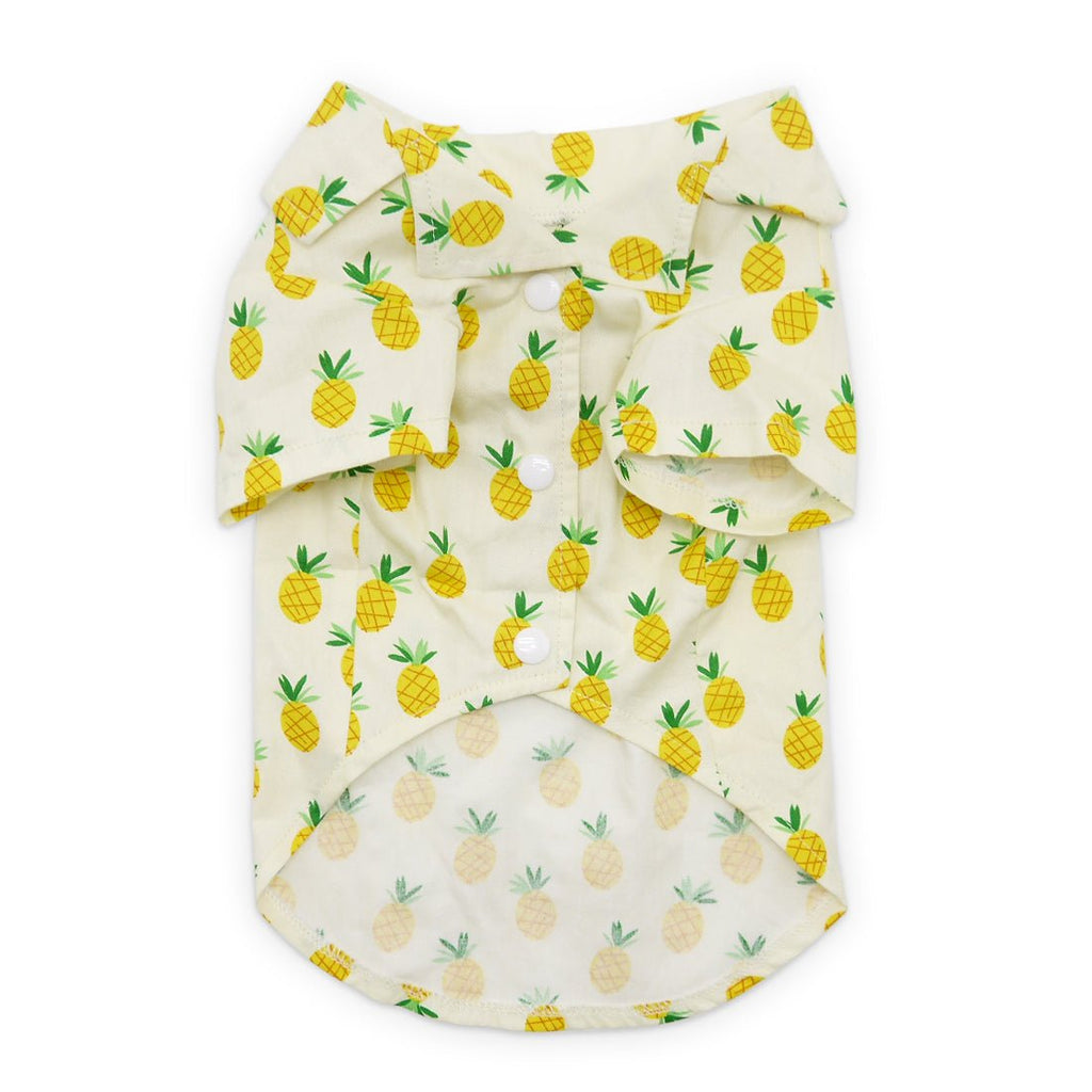 Pet shirt with pineapple print, white back view with yellow pineapples and green leaves