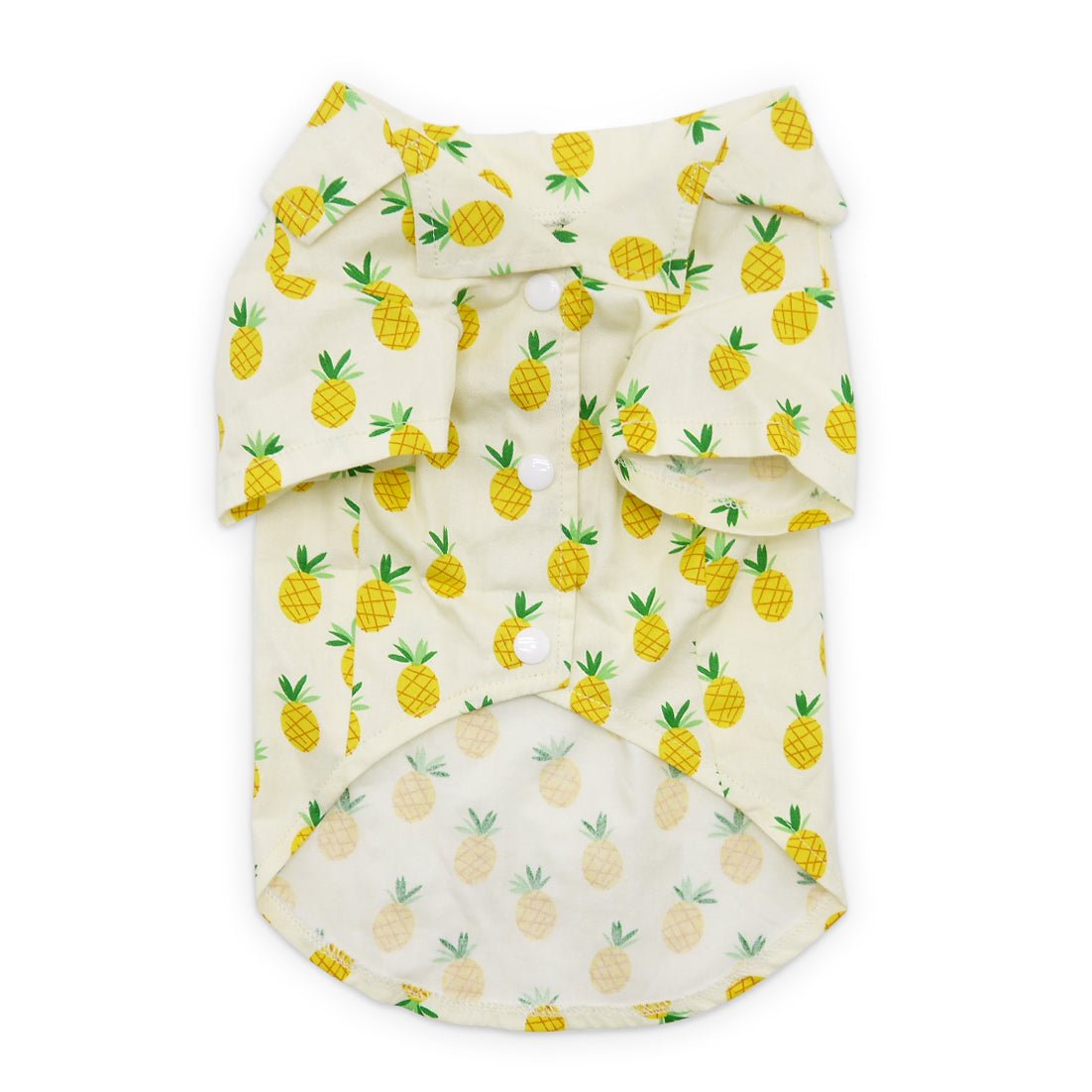 Pet shirt with pineapple print, white back view with yellow pineapples and green leaves
