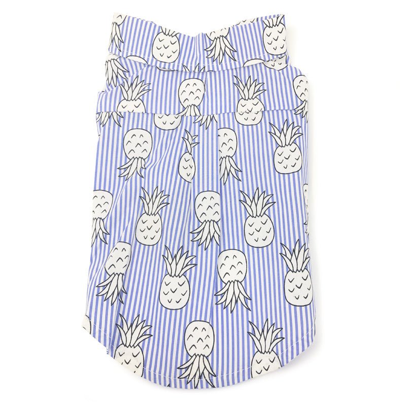 Pineapple print pet shirt, blue-and-white vertical stripes with pineapples motif