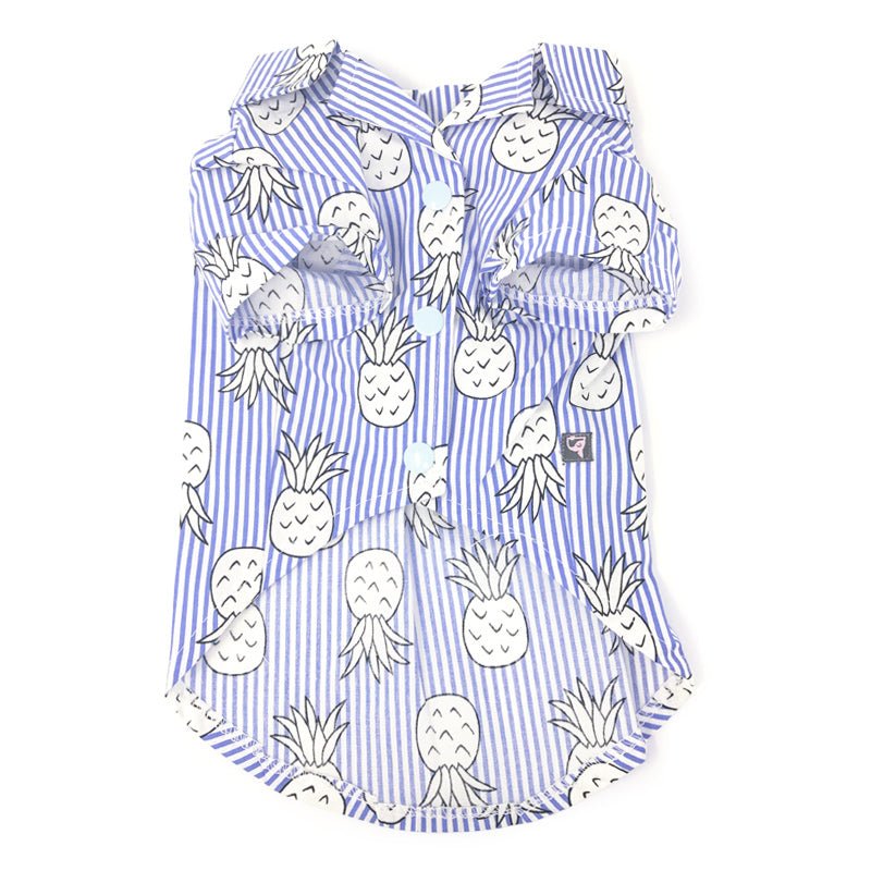 Pineapple print pet shirt, blue-striped button-front with scattered pineapple graphics