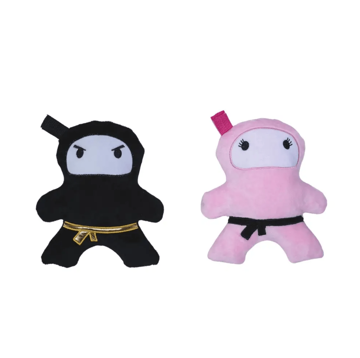 Pair of plush ninja dog toys: black ninja and pink ninja, both with embroidered faces