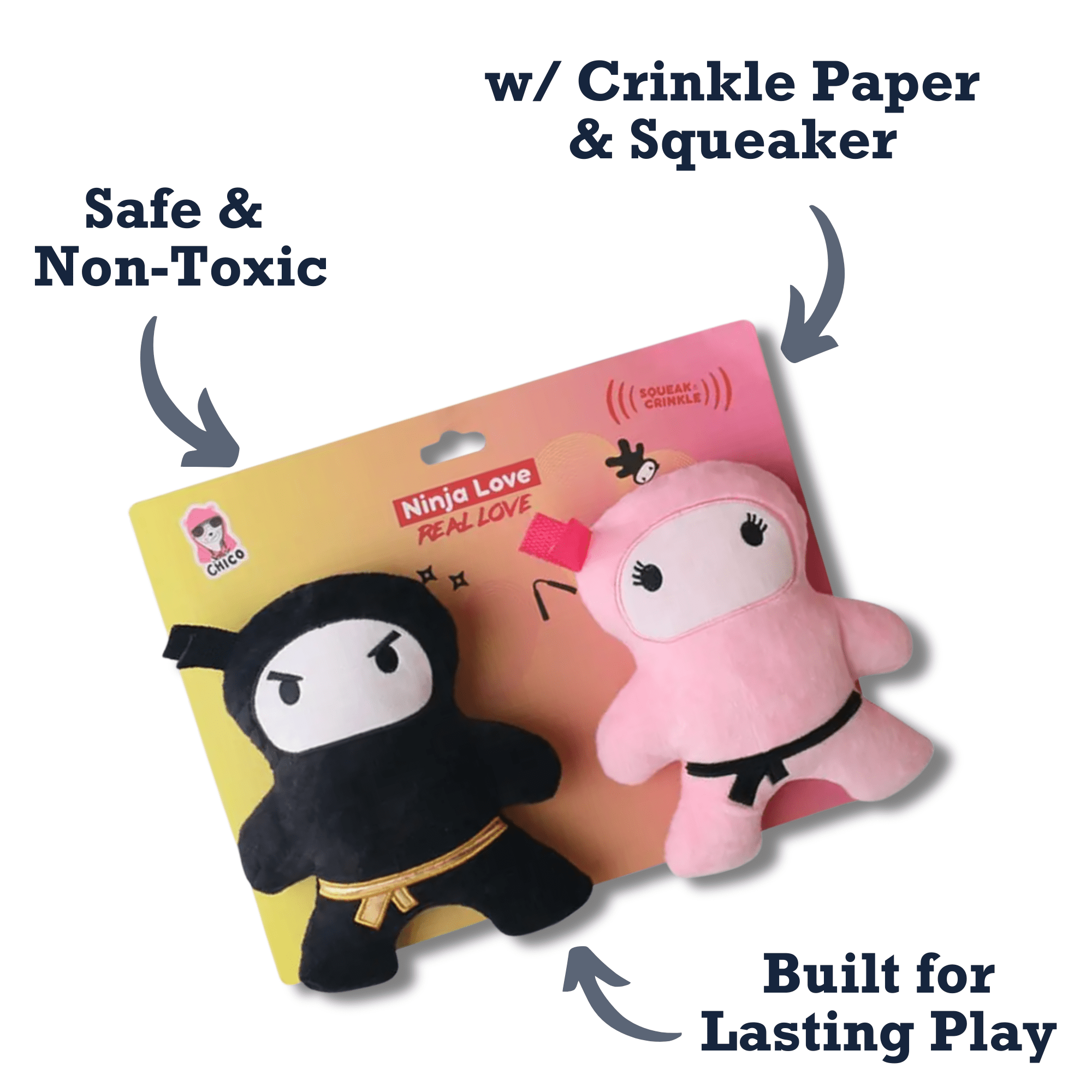 Ninja Love plush dog toy gift set packaging with black and pink ninja plush