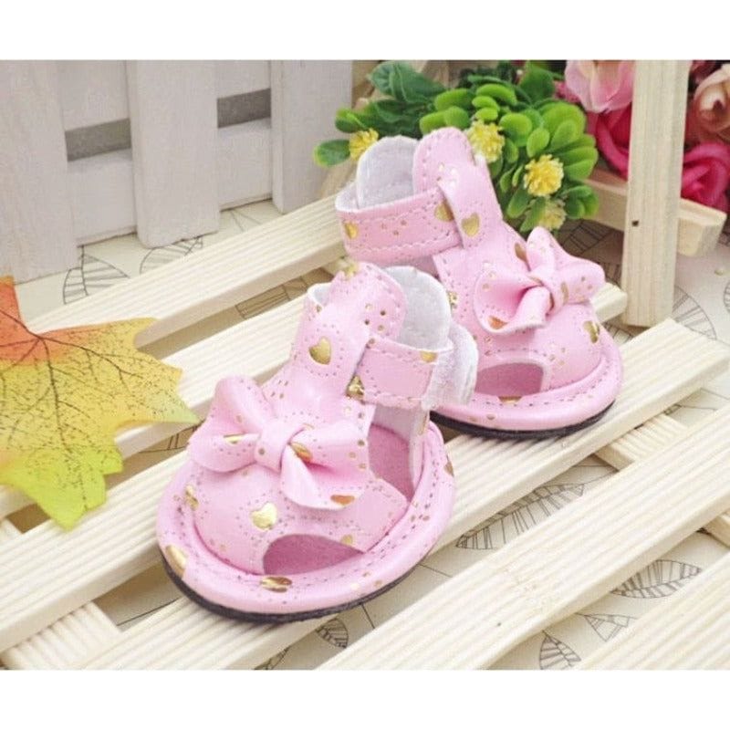 Pink dog sandals with large bow, hook-and-loop strap, gold eyelets, 4-pack set