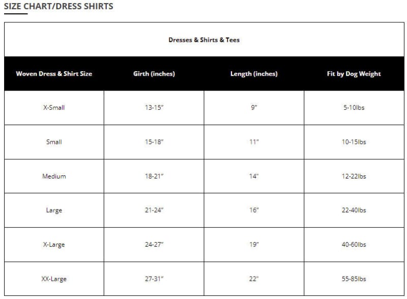 Size chart for woven dress & shirt sizes, listing girth, length, and fit by dog weight