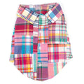 Patchwork madras plaid dog shirt with collar, button front, multicolor blocks