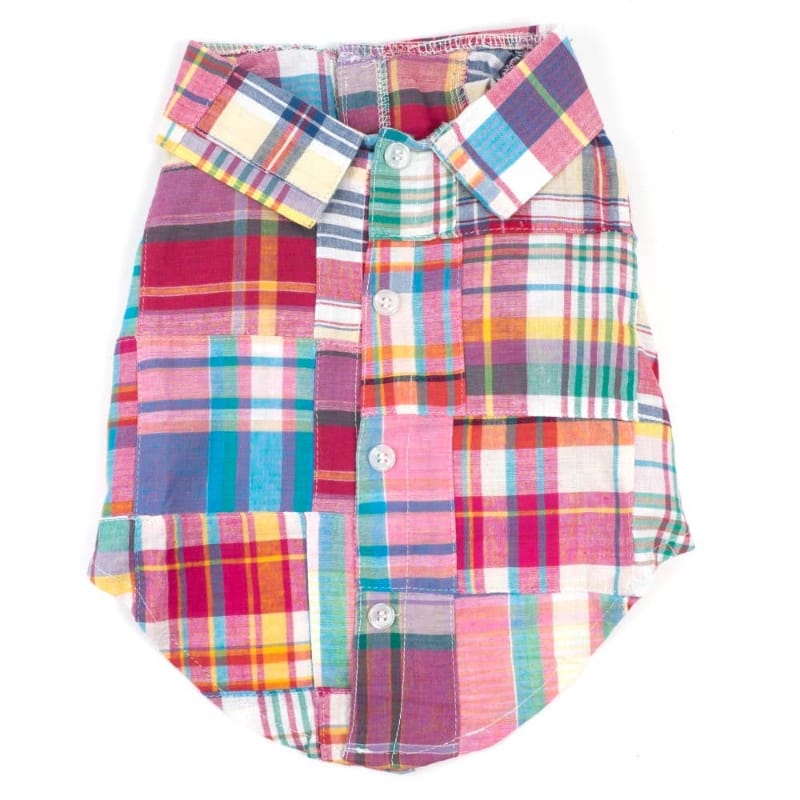 Patchwork madras plaid dog shirt with collar, button front, multicolor blocks