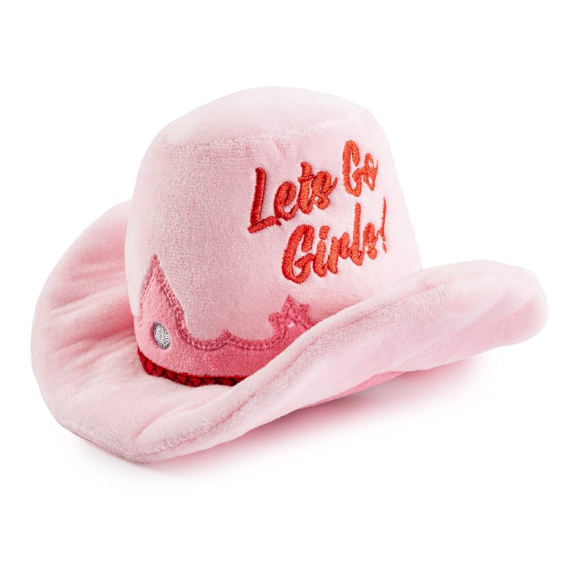Pink plush cowgirl hat dog toy with “Let’s Go Girly!” embroidery and wide brim