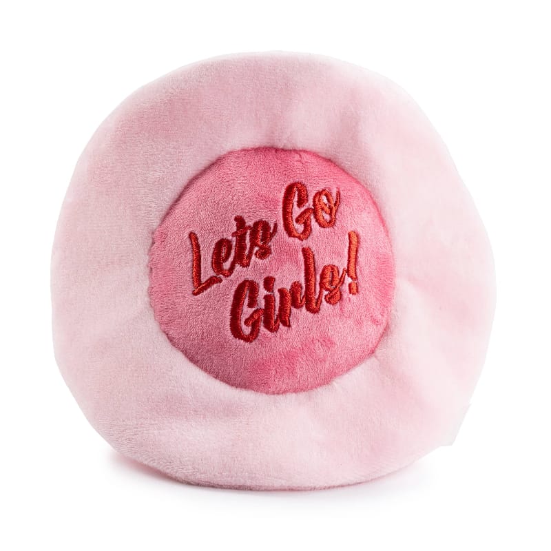Pink plush cowgirl hat dog toy with circular “Let’s Go Girly!” embroidered patch