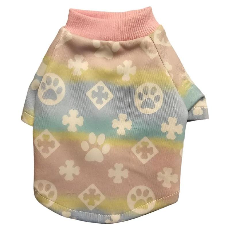 Pastel ombre dog shirt with paw-print pattern, short sleeves and ribbed collar