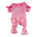Pink and white striped pet pajamas with daisy patches and ruffled trim