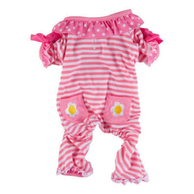 Pink and white striped pet pajamas with daisy patches and ruffled trim