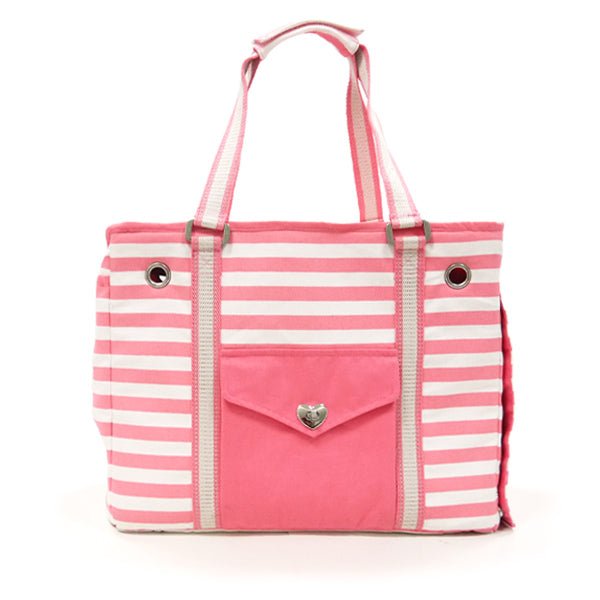 Pink and white striped tote bag with pink front pocket and metal grommet details.