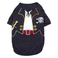 Navy pirate dog T-shirt with embroidered captain coat, skull emblem, and red belt buckle