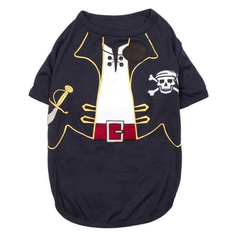 Navy pirate dog T-shirt with embroidered captain coat, skull emblem, and red belt buckle
