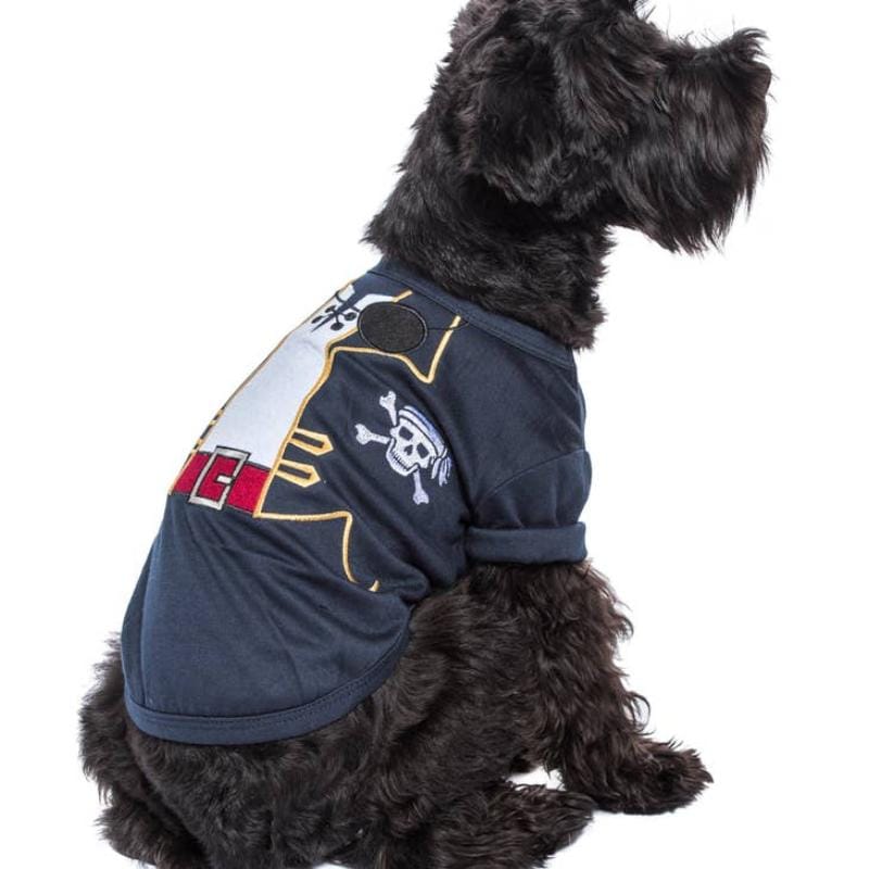 Navy pirate dog T-shirt with captain coat embroidery, gold trim, skull badge, red belt