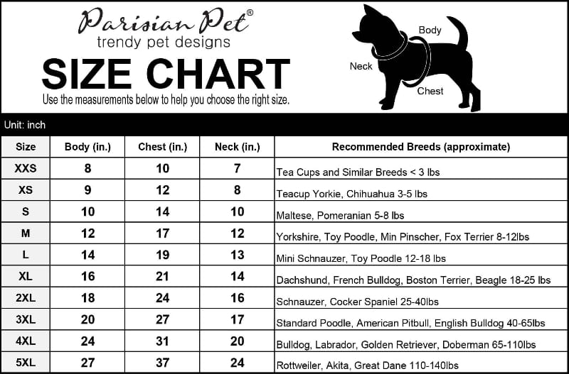 Pet costume size chart with body, neck, and chest measurements plus recommended breeds