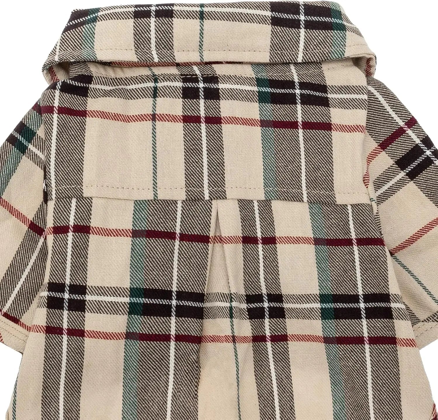 Beige plaid pet polo shirt back yoke with stitched seams