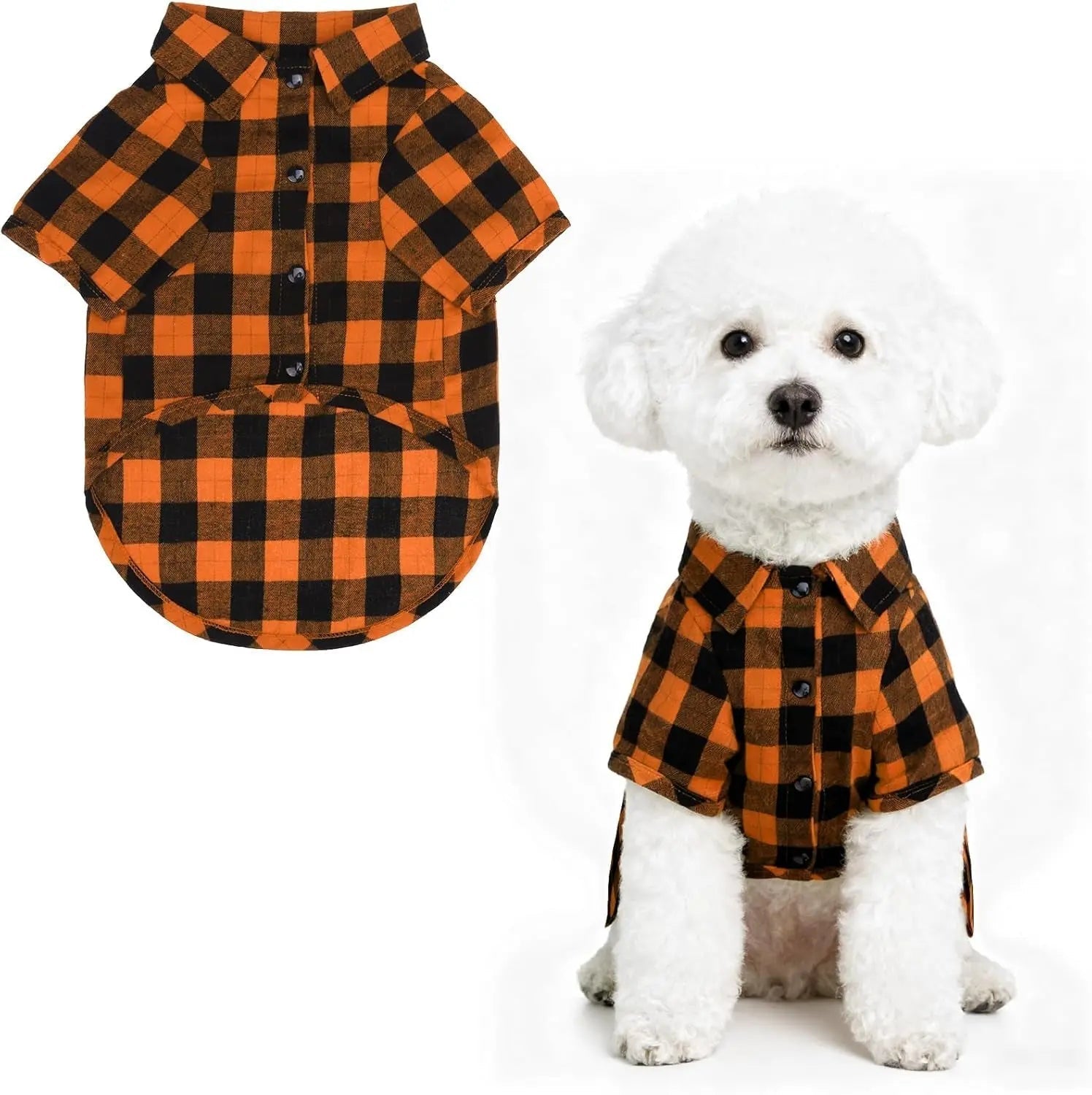 Orange and black plaid pet polo shirt with collar and button placket