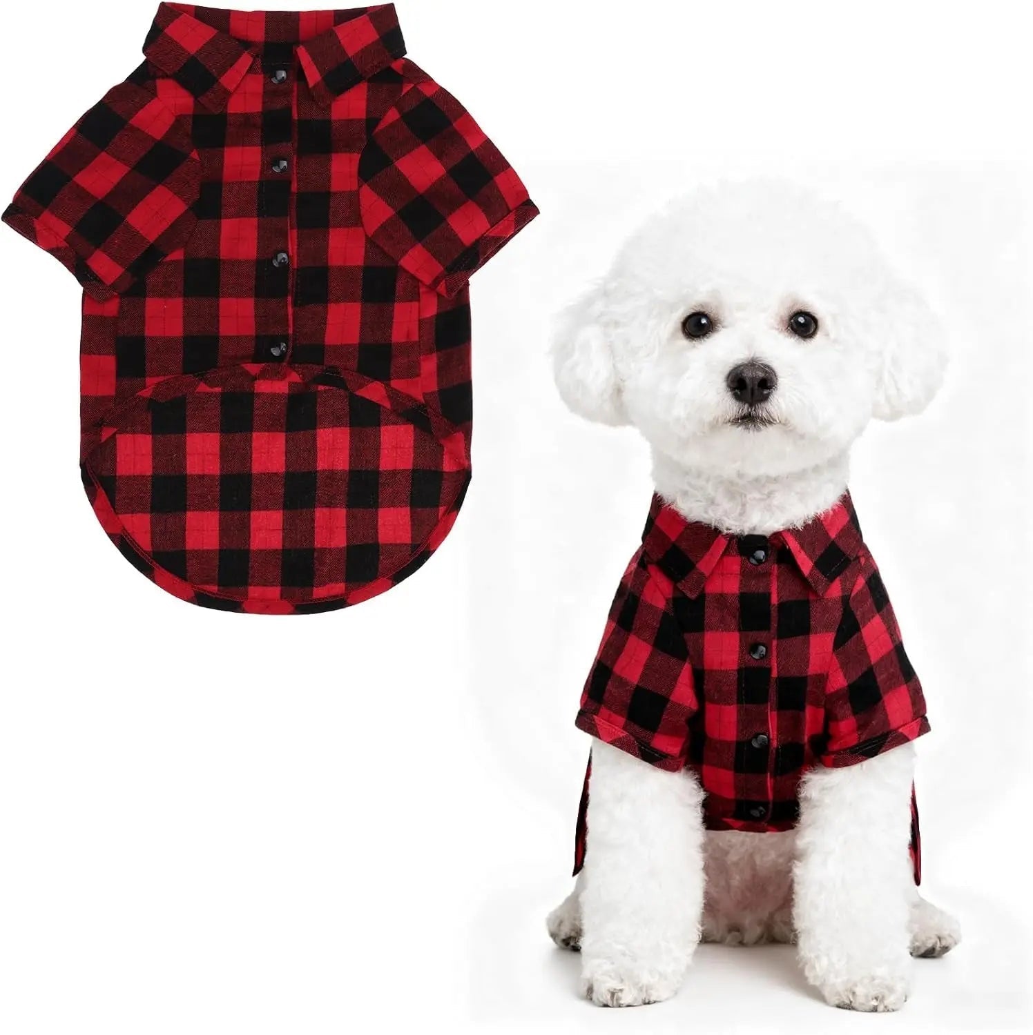 Red and black plaid pet polo shirt with button front and short sleeves