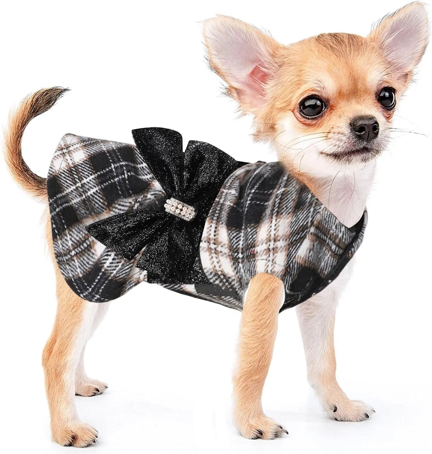 Black plaid dog sweater dress with bow detail and fuzzy top, long plaid skirt
