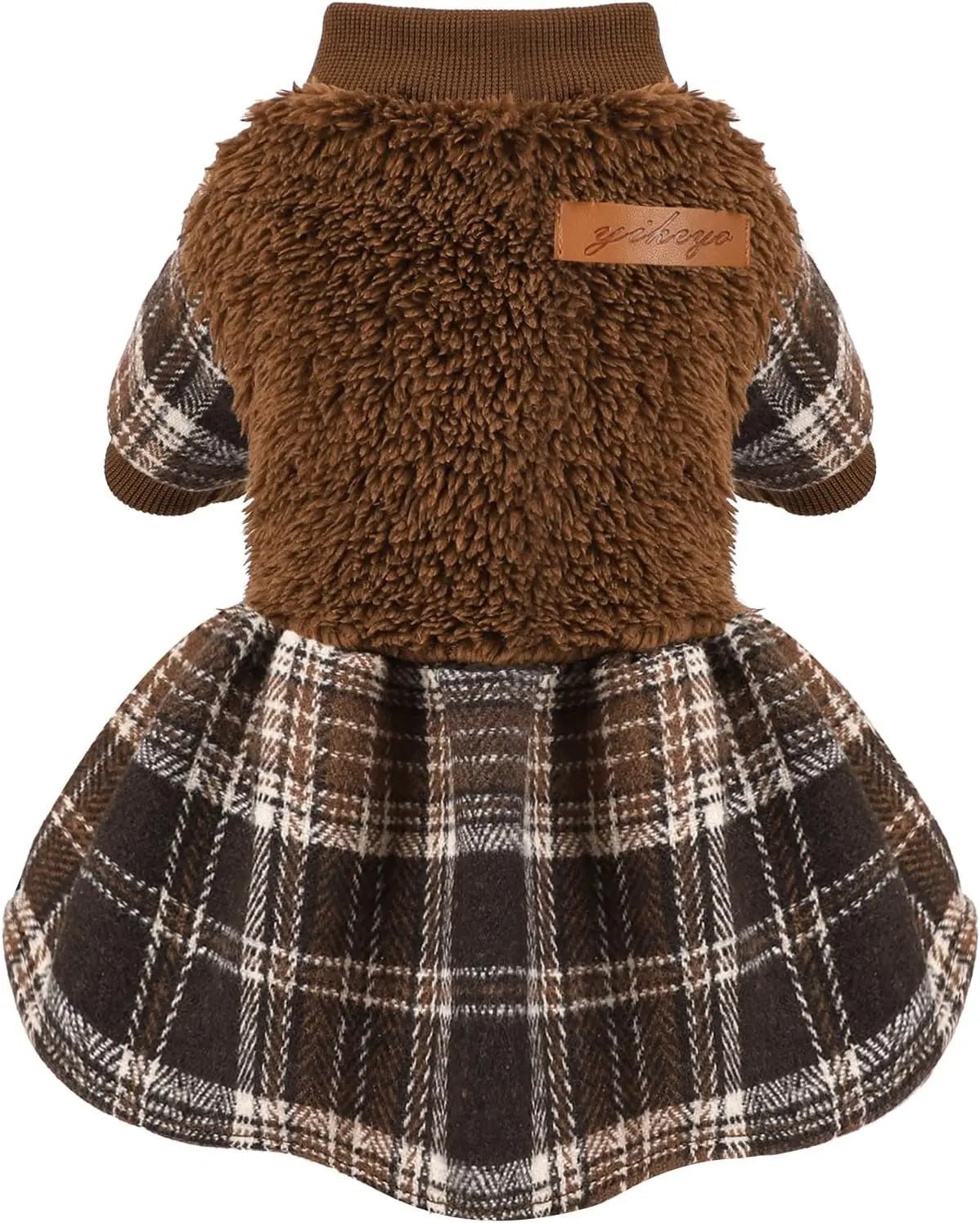 Brown plaid dog sweater dress with fuzzy top and flared plaid skirt for small dogs