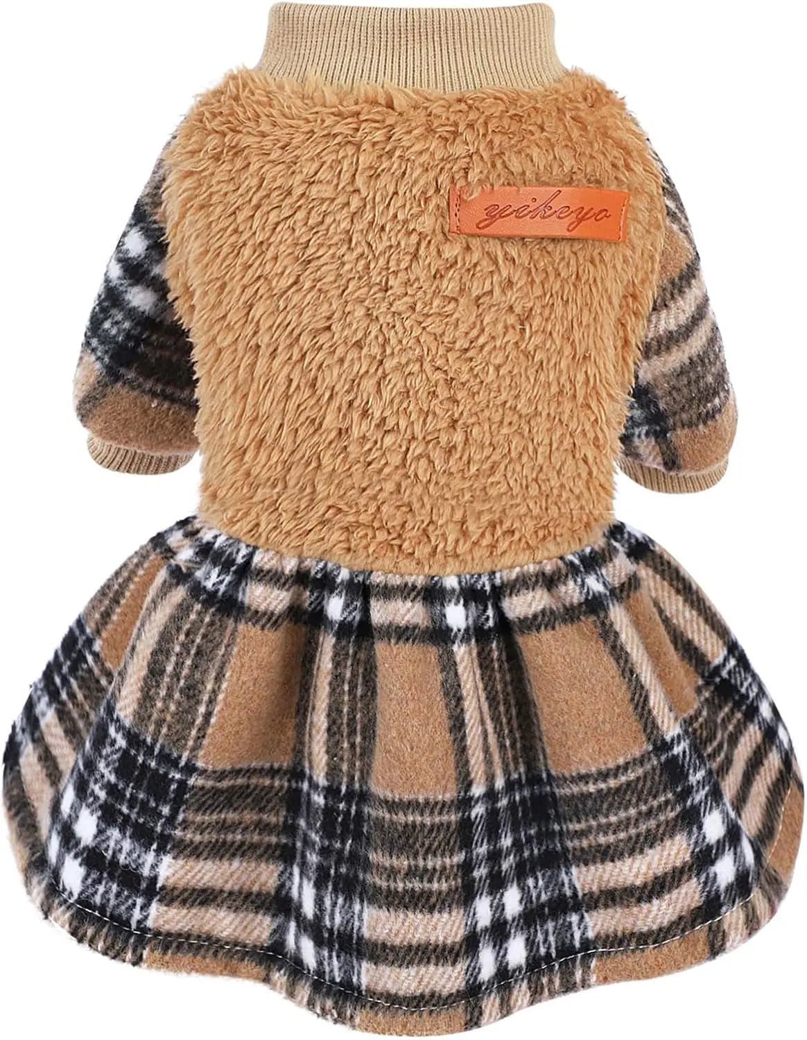 Brown fuzzy dog sweater dress with plaid skirt and ribbed collar, long sleeves