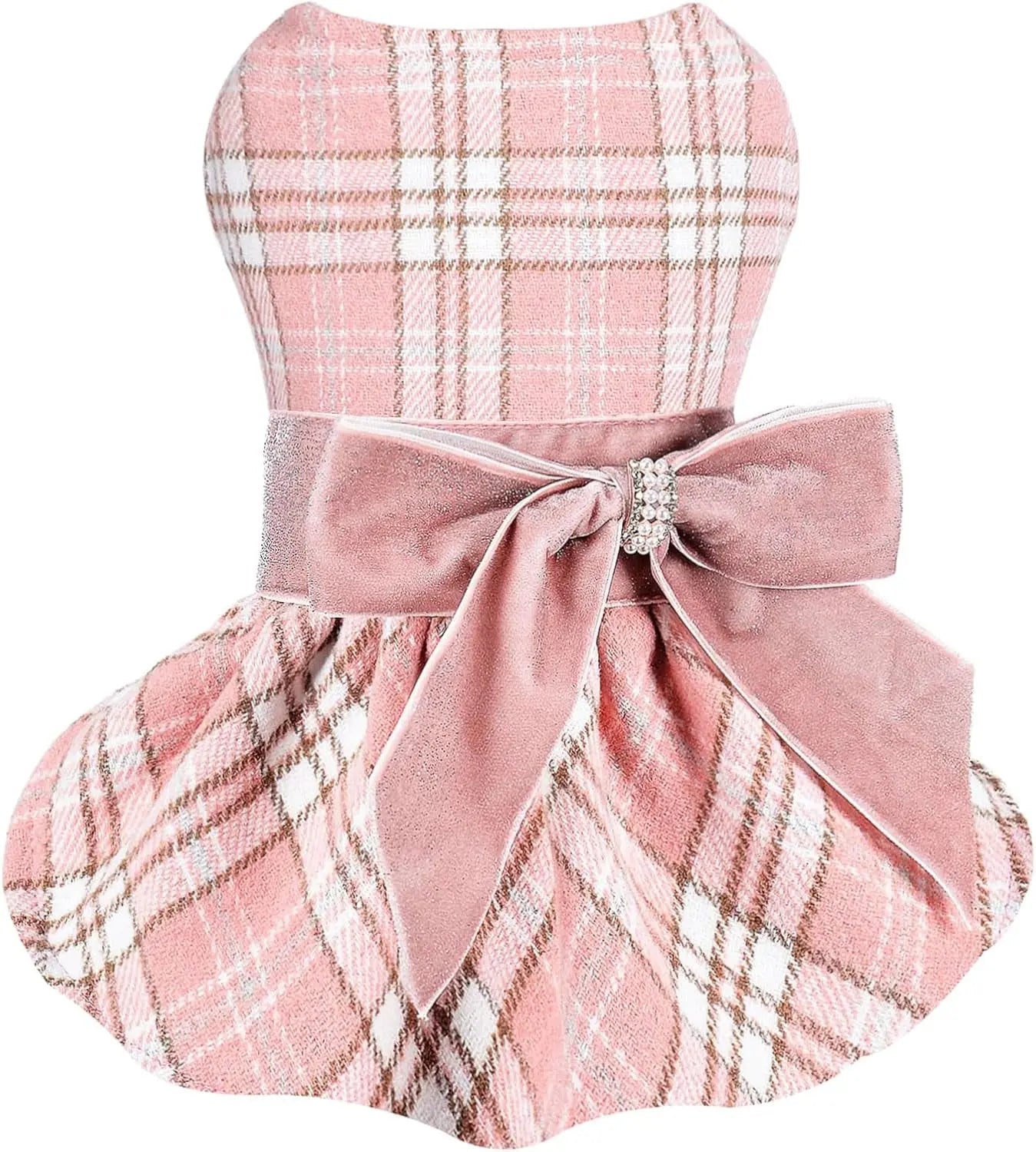Pink plaid dog sweater dress with large bow at the back and flared plaid skirt