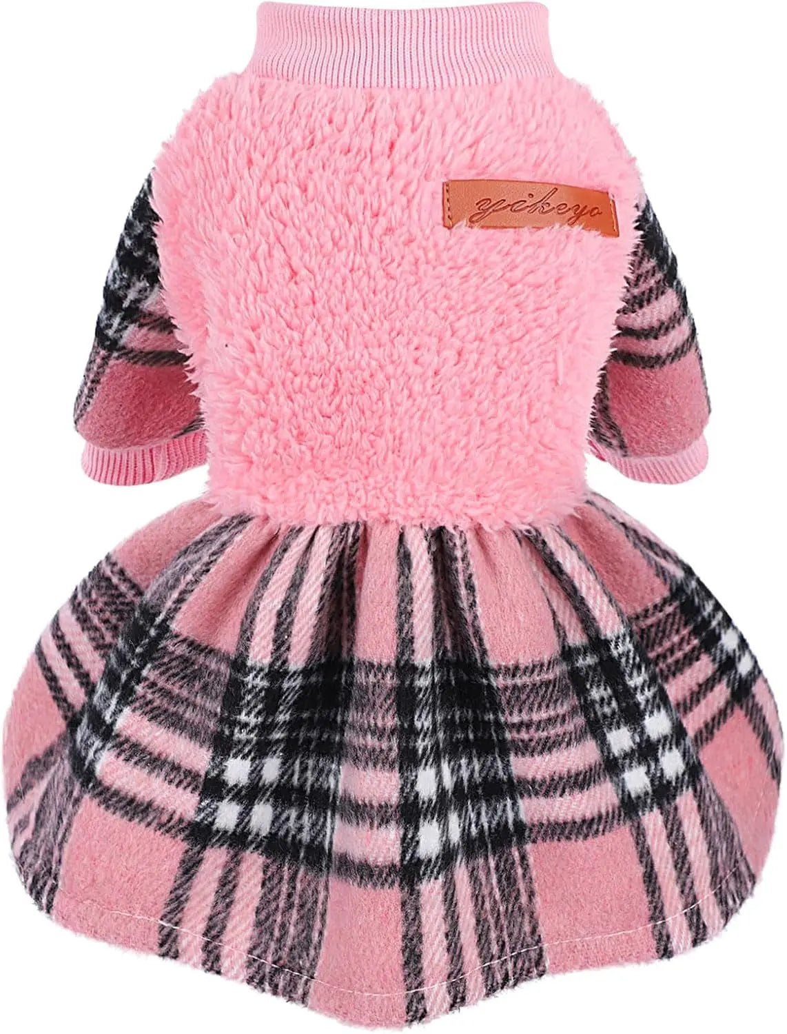 Pink plush dog sweater dress with striped sleeves and black plaid skirt