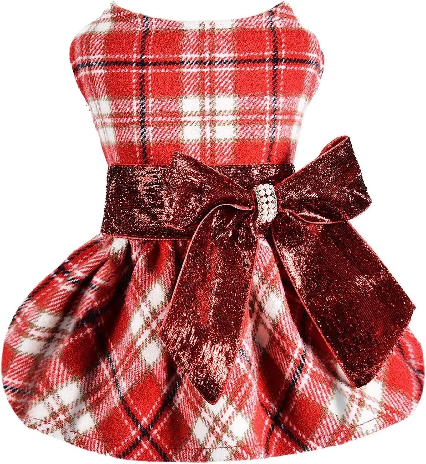 Red plaid dog sweater dress with burgundy bow waist and flared skirt