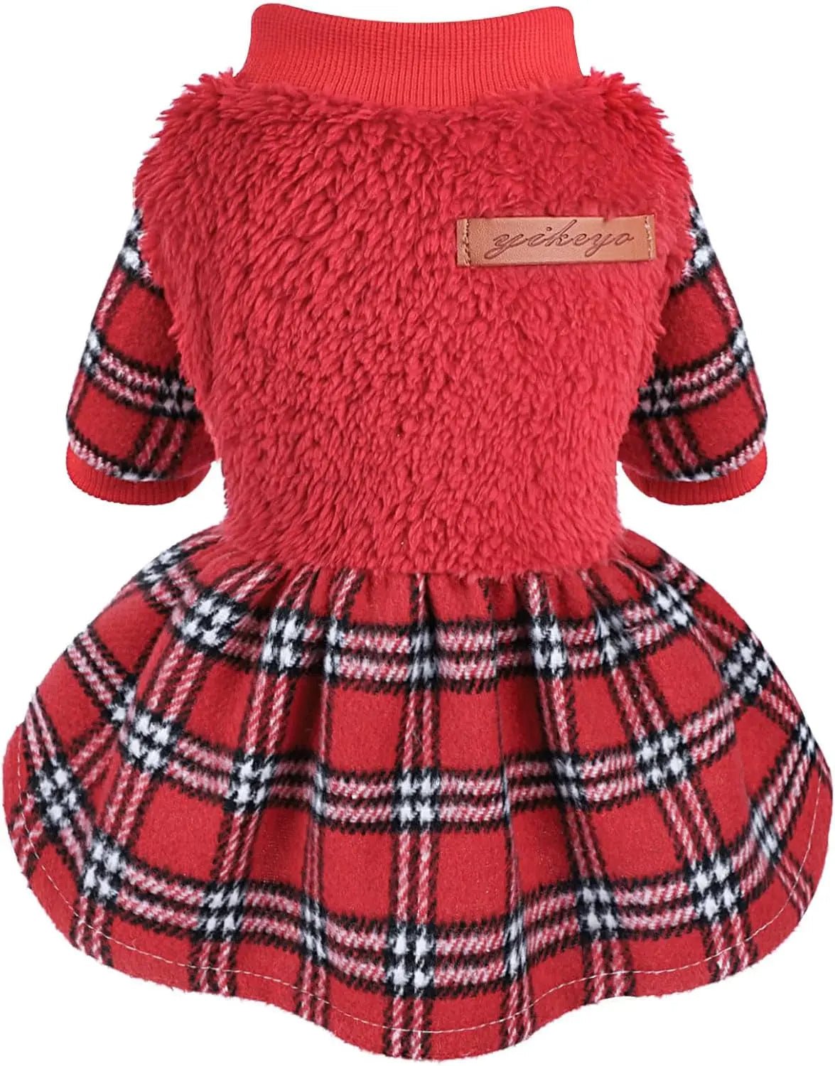 Red plush dog sweater dress with black-and-white plaid skirt and elbow sleeves
