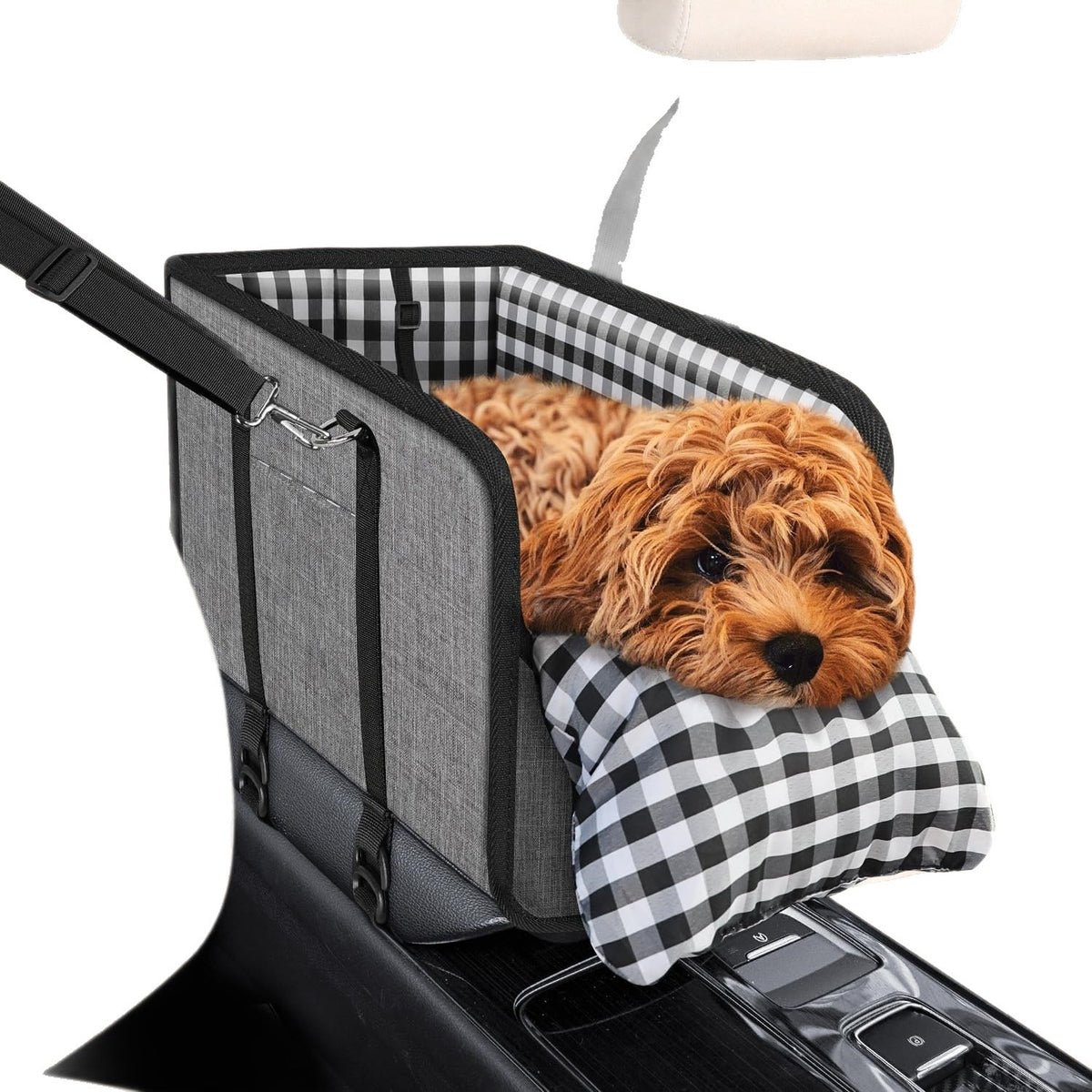 Grey plaid pet car seat with cushion, with front zip pocket and pet resting