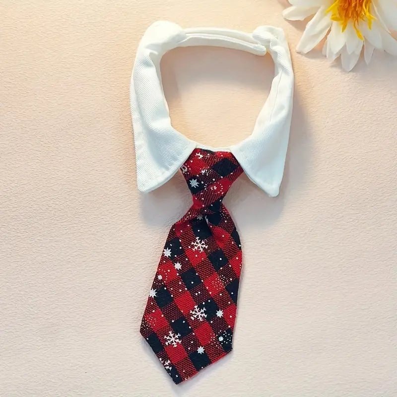 Dog tie collar with red plaid snowflake necktie and white shirt-style band