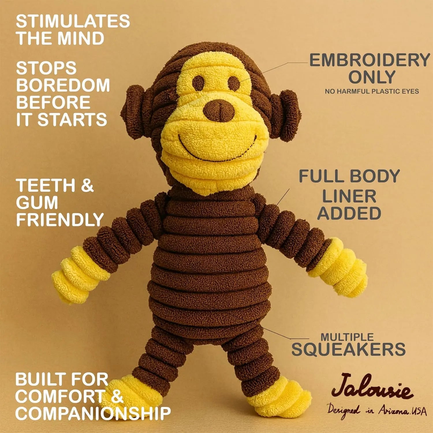 Brown corduroy plush squeaky bear dog toy with yellow muzzle, rounded ears, and multiple squeakers.