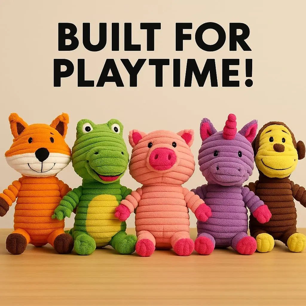 Corduroy plush squeaky animal dog toys set, 5 colorful figures in orange, green, pink, purple, yellow.