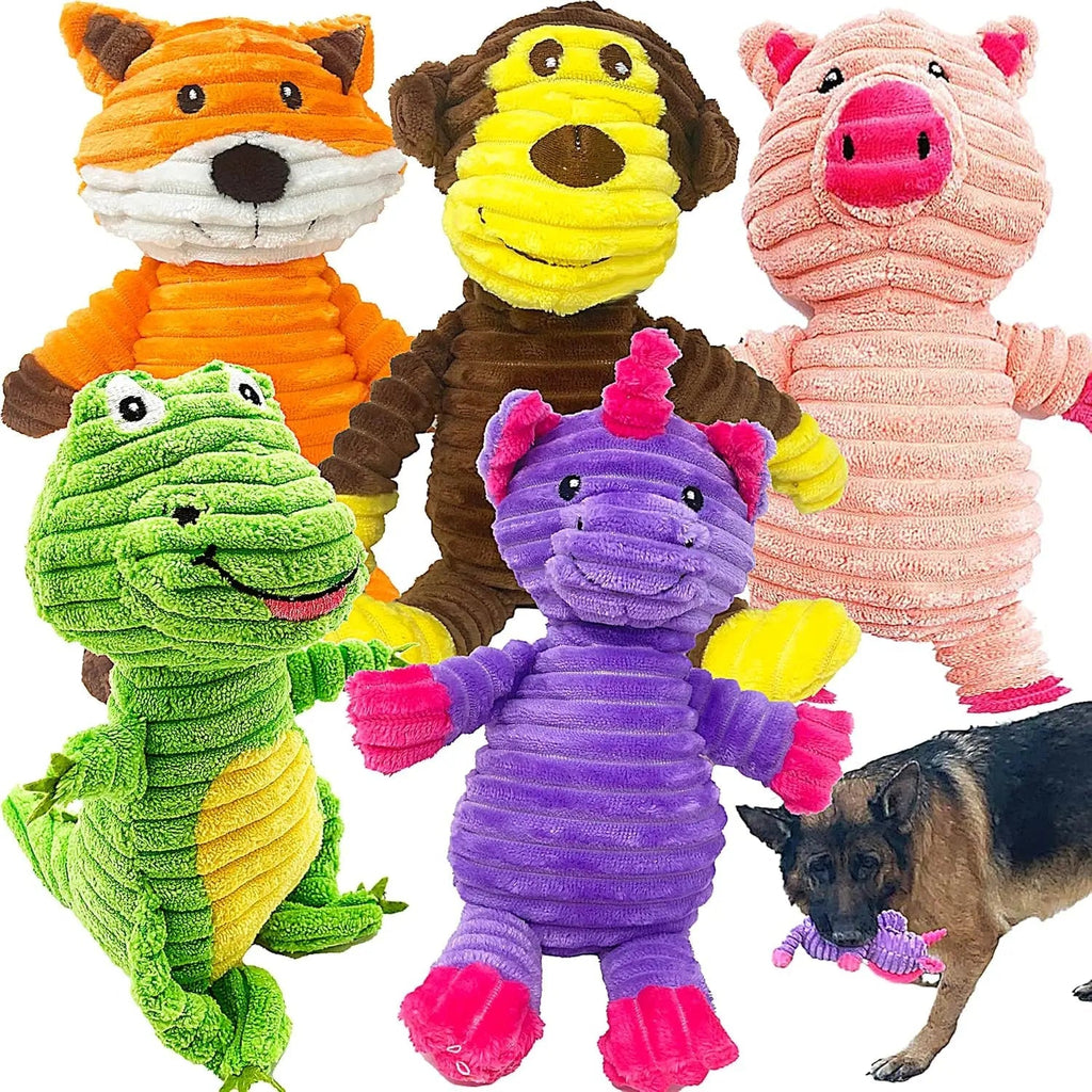 Corduroy plush squeaky animal dog toys set with orange tiger, brown monkey, pink pig, green alligator, purple.