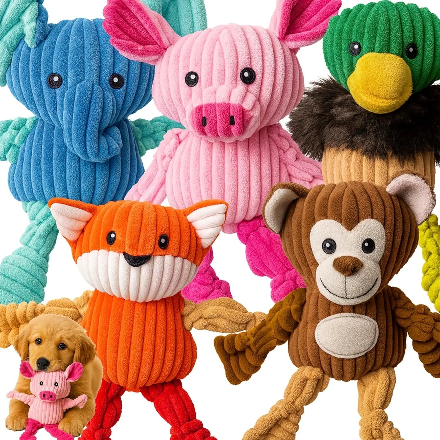 Assorted corduroy plush squeaky animal dog toys set in blue, pink, green, orange, and brown/cream.