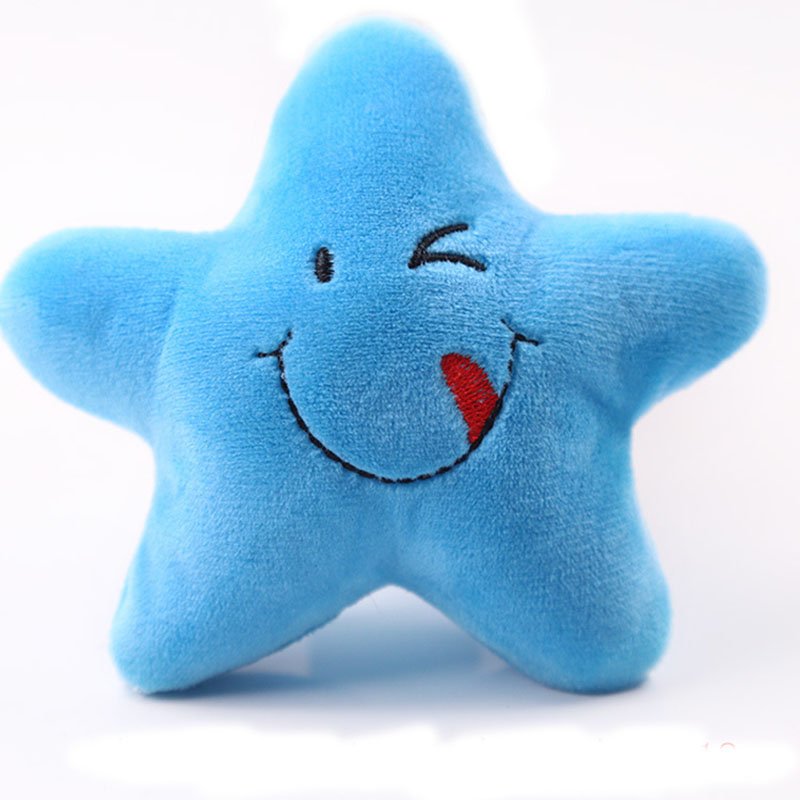Plush vocal star toy in blue with stitched smiling face and red tongue