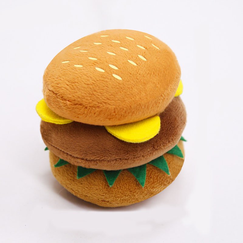 Plush hamburger vocal toy: stacked bun, brown patty, yellow cheese, green lettuce