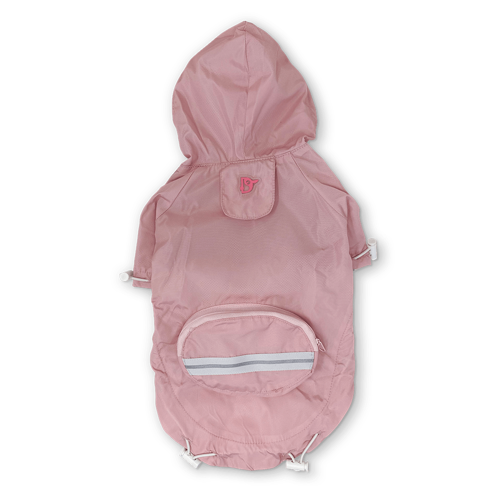 Pink hooded dog raincoat with chest patch pocket and reflective trim