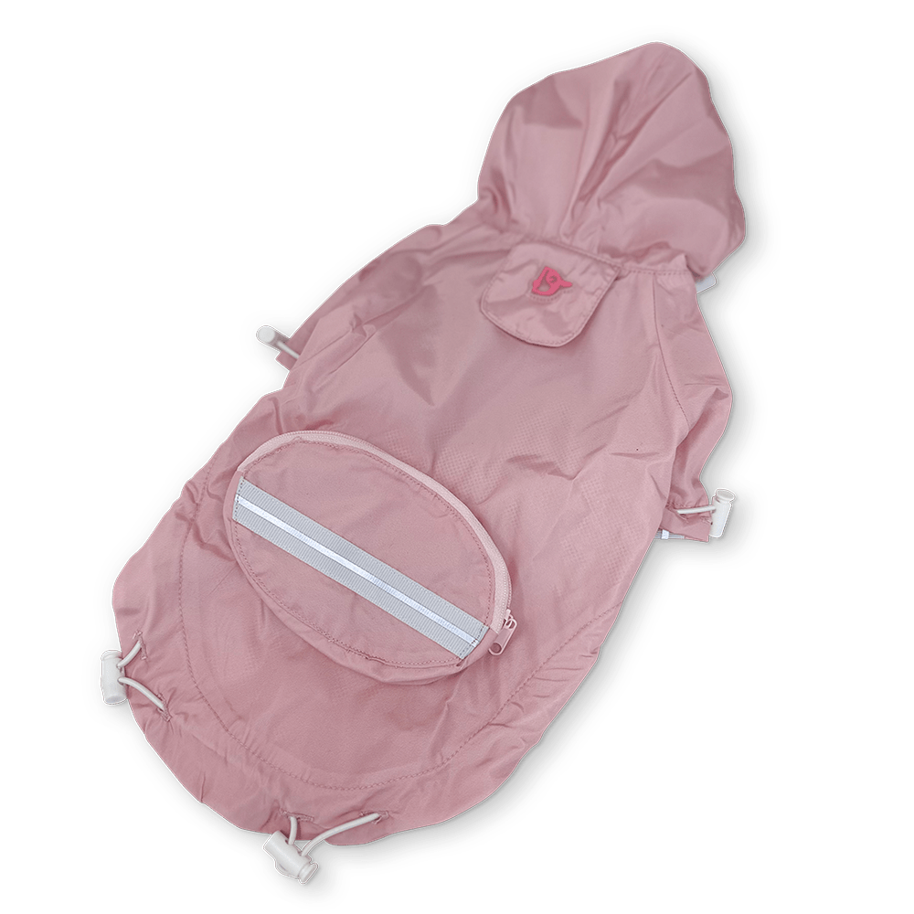 Pink hooded dog raincoat with front pouch pocket and reflective band