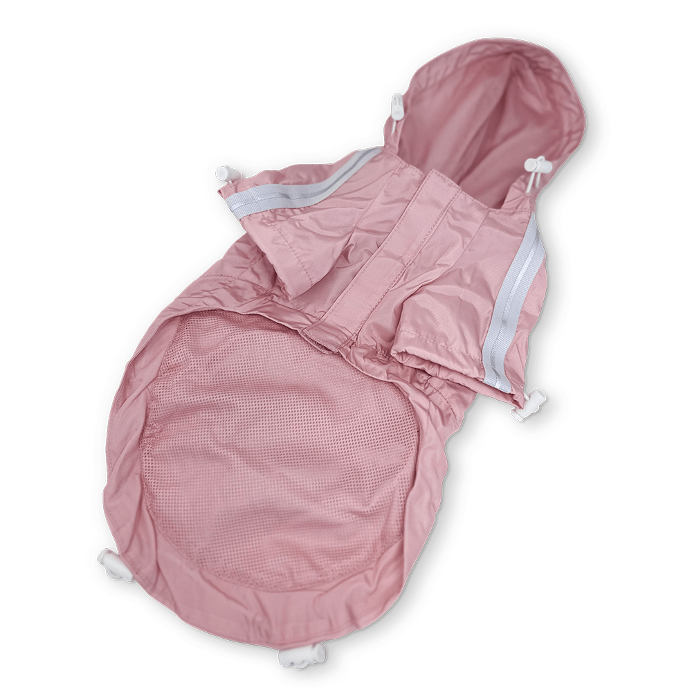 Pink hooded dog raincoat with mesh-lined back panel and reflective accents