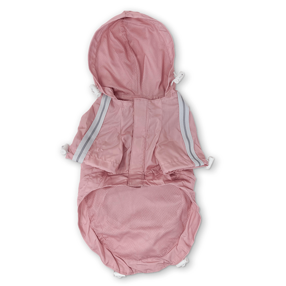 Pink dog raincoat with zipper front, hood, and mesh-lined lower section