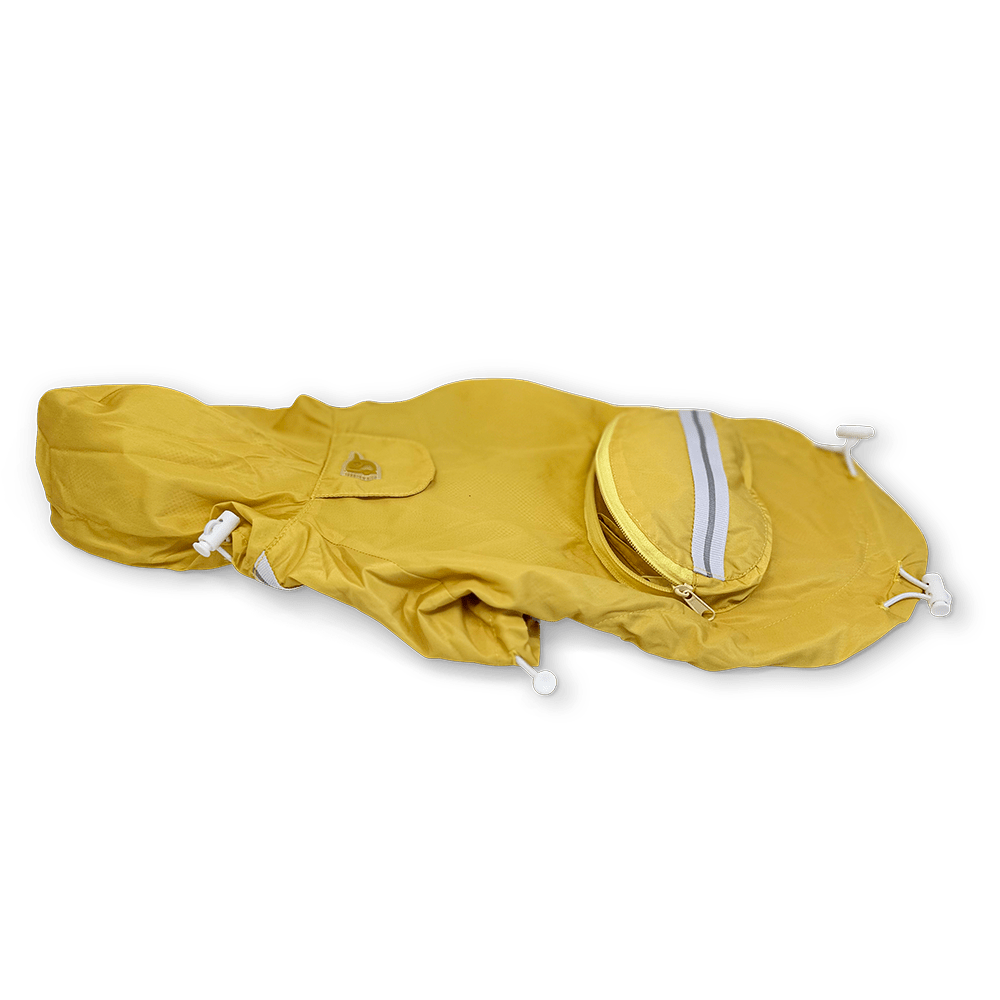 Yellow hooded dog raincoat laid flat with reflective stripes and front pocket