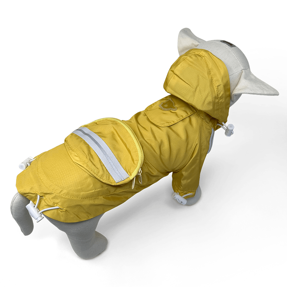 Yellow hooded raincoat with gray reflective stripe, front zipper, and pocket flaps