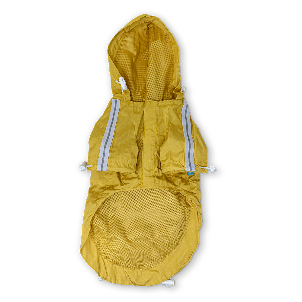 Yellow dog raincoat back view with hood and large mesh-lined belly pocket
